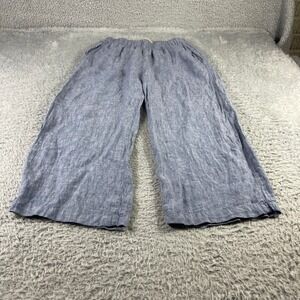 Cynthia Rowley Womens Blue 100% Linen Wide Leg Crop Pants Elastic Waist Small